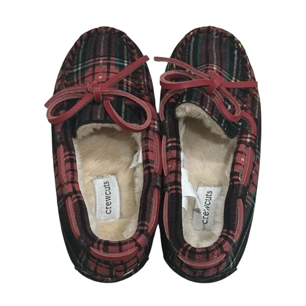 Crewcuts Plaid Holiday Winter Moccasin Leather Upper Faux Fur Kid's Size 12‎